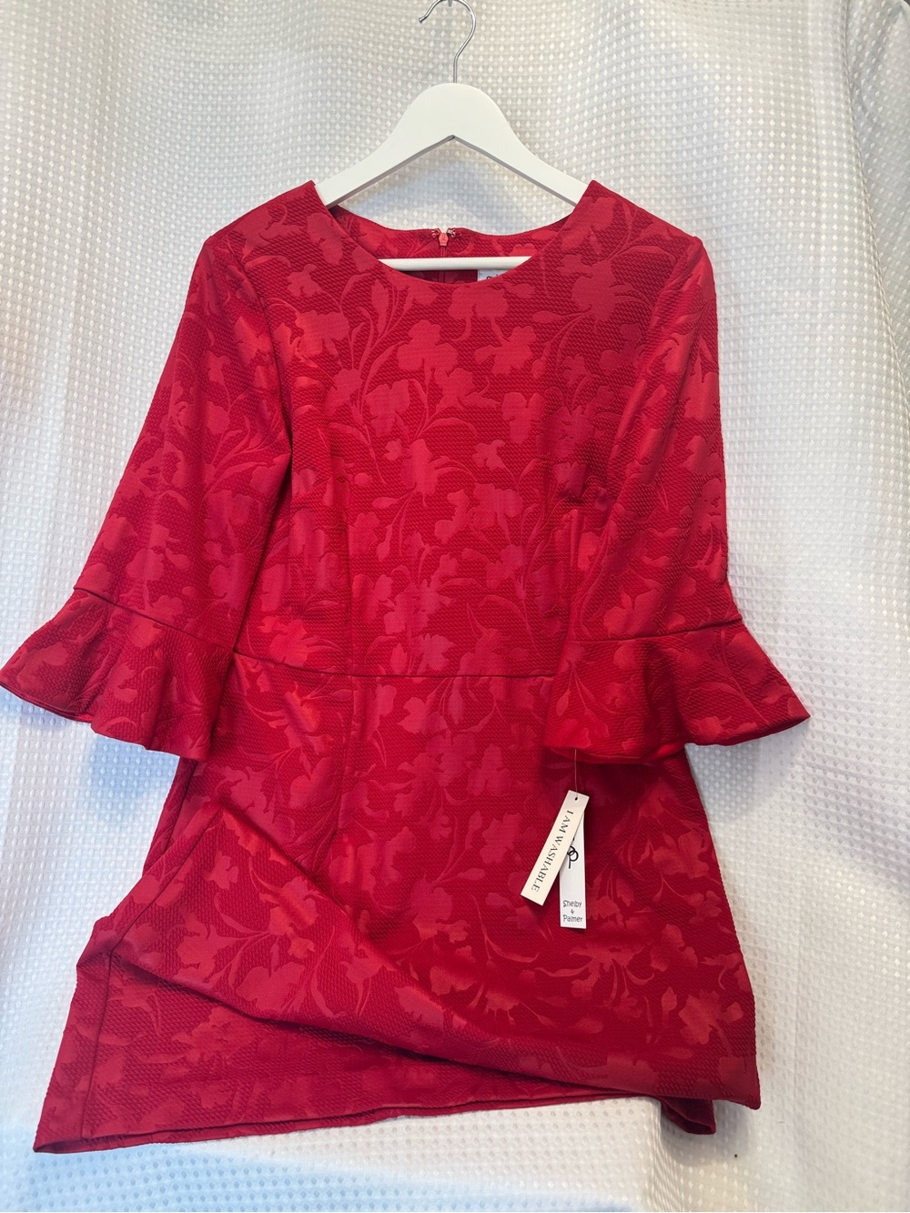Womens' Red Floral Jacquard Dress with Ruffle Sleeves